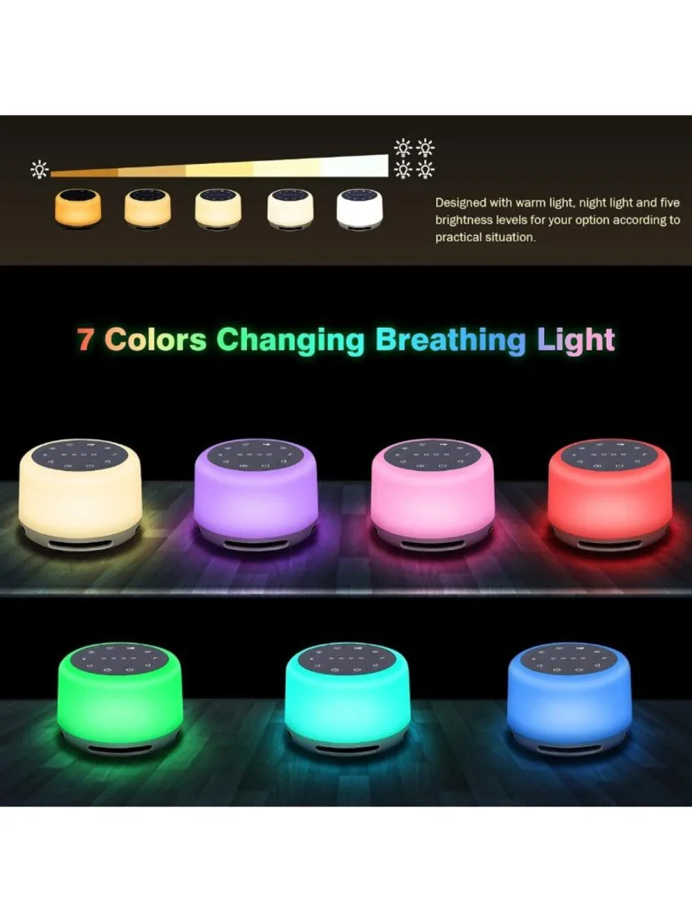 Portable Sleep Sound Machine with 24 Soothing Sounds, 7 Color Lights & Timer